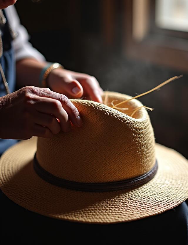 エクアドルの職人による手編みの工程